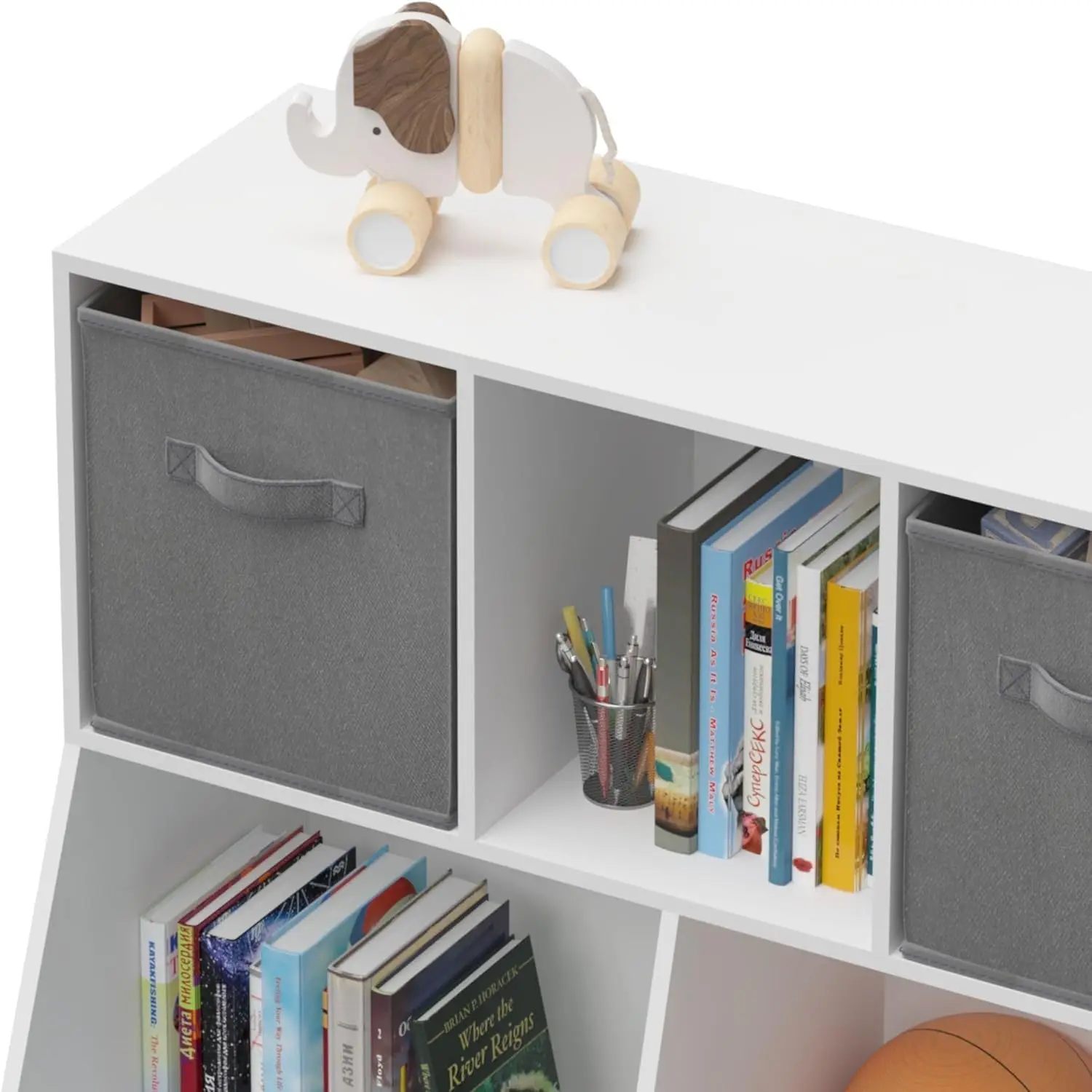 Kids Bookshelf Wood Toy Storage Cubby Cabinet with Two Drawers Organizer for Children's Room Playroom Kindergarten School