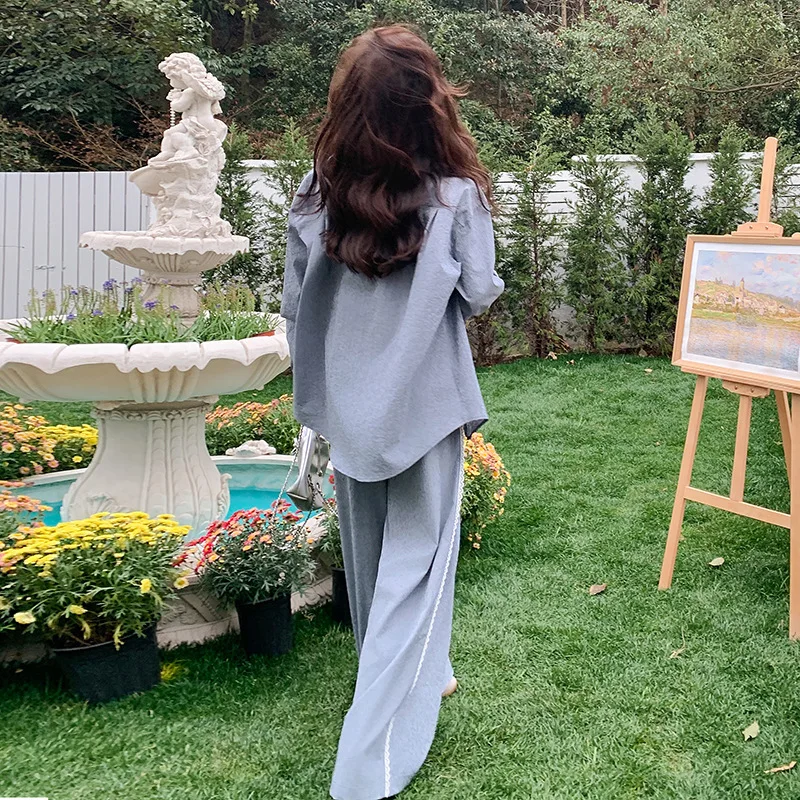 EAEOVNI Lace Patchwork Design 2 Piece Set Women Fashion Long Sleeve Shirt + Wide Leg Trousers Casual 2025 Autumn New Clothing