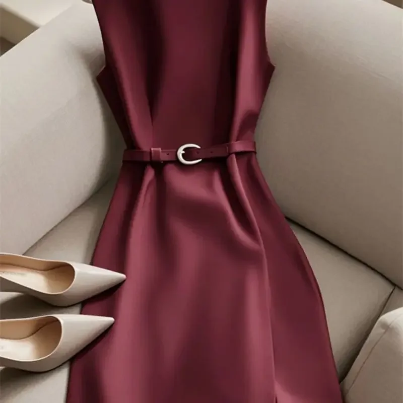 New French Luxury Summer Dress Women Elegant Sleeveless High Waist Satin Formal Dress Fashion Party Vestidos with Belt High End