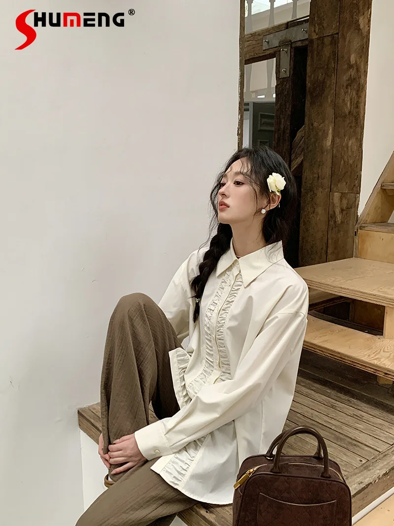 Chinese Style Elegant Shirt for Women 2024 Spring New Retro Single-breasted Apricot Pleated Long Sleeve Blouses Fenale Tops