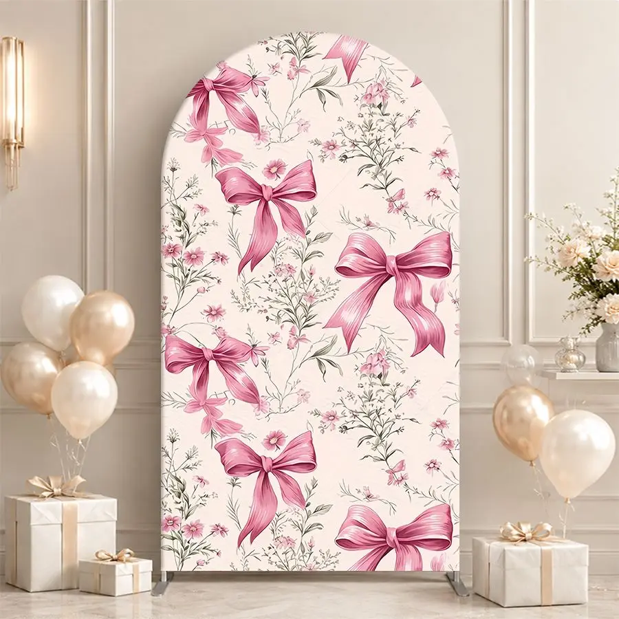 Pink Bow Pattern Arch Backdrop Cover Party Backdrop Fabric Cover Birthday Party BabyShower Photo Wall Background  Decoration