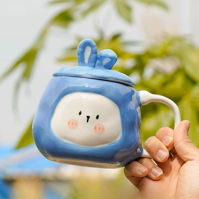 Cream Colored Cartoon Bunny Mug,Hand-painted Ceramic Covered Teacup,Home and Office Drinking Cup,Valentine's Day Gift Couple Cup