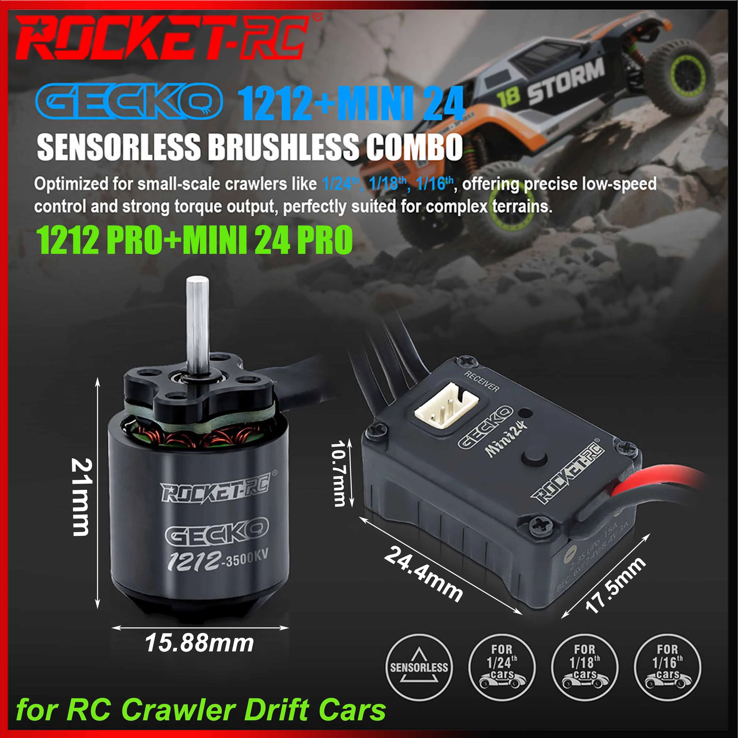 

ROCKET-RC 1212 1212Pro 3500KV Brushless Motor Mini24 Mini24Pro ESC for TRX4M SCX24 1/24 1/18 1/16 RC Climbing Car Upgrade Kit