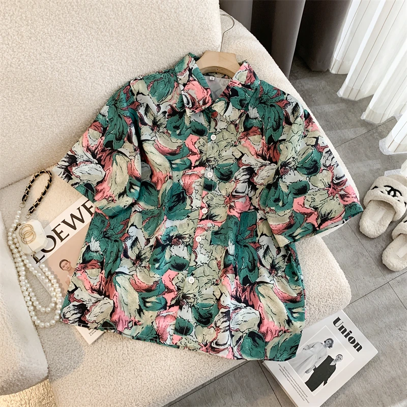 Camisa floral de manga curta feminina, com gola polo estampada, botão, moda emendada, solta, versátil, casual, estilo preppy, novo, verão