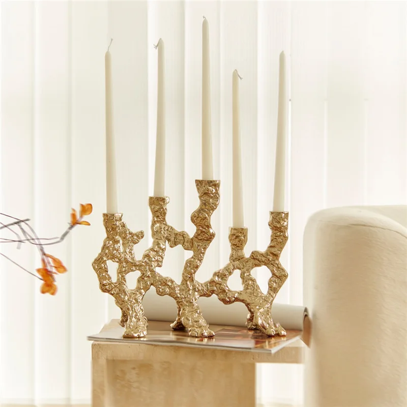 Indian metal dendritic special-shaped candlestick ornaments European style light luxury gold abstract art candle holder
