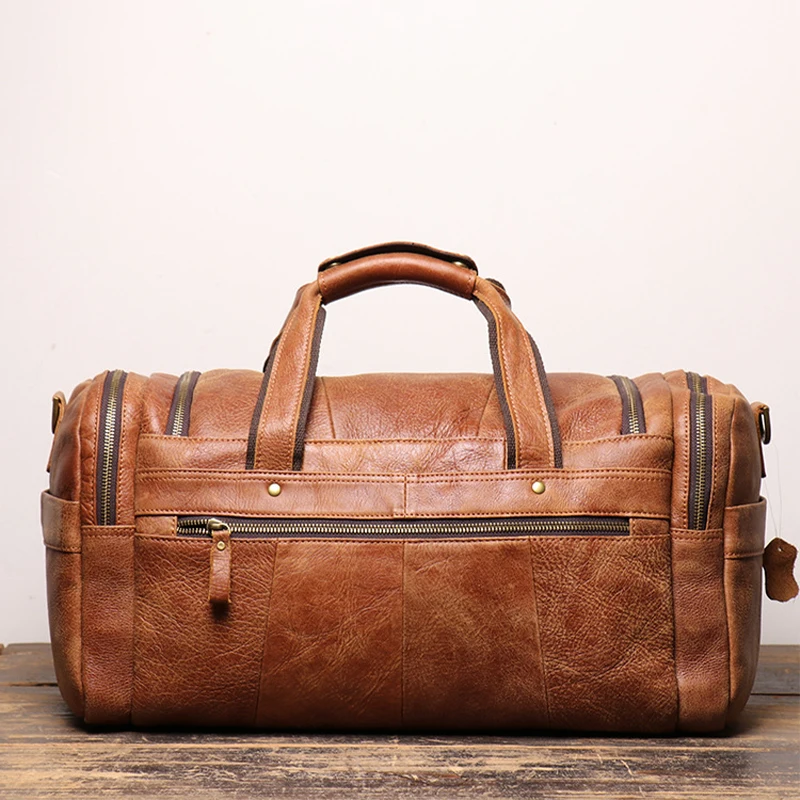 Retro Matte Leather Handheld Luggage Bag, Genuine Leather Men's Single Shoulder Crossbody Bag, Short Trip Cowhide Travel Bag