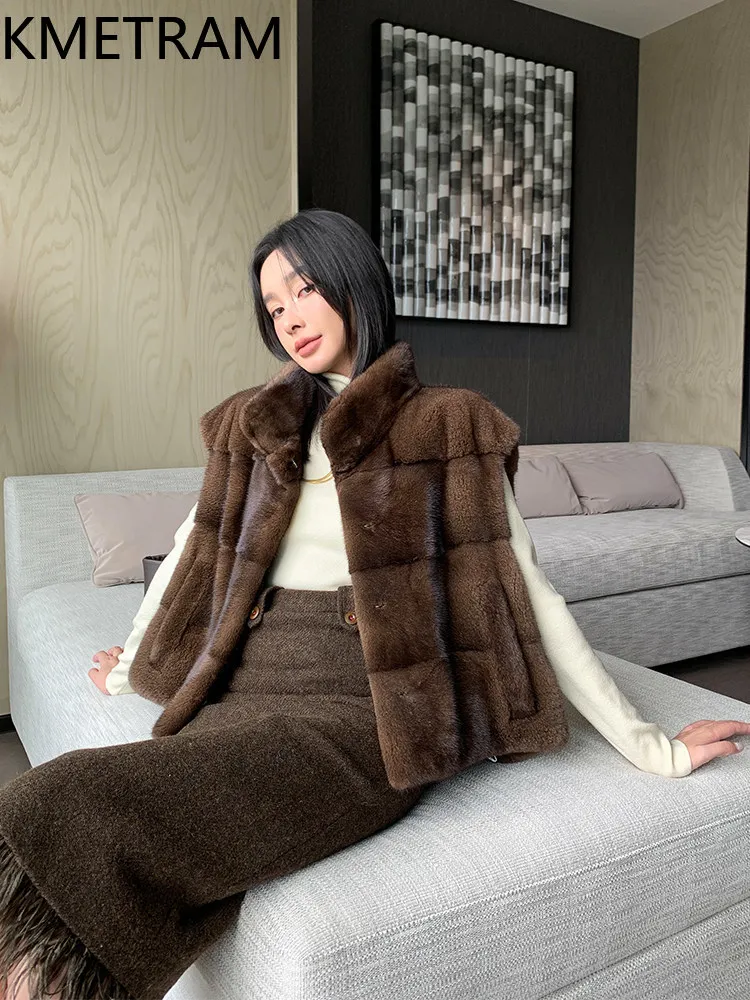 KMETRAM Real Purple Label Velvet Mink Fur Vest Women New Winter Sleeveless Jacket Stand Collar Short Fur Coat Woman Clothes 2026