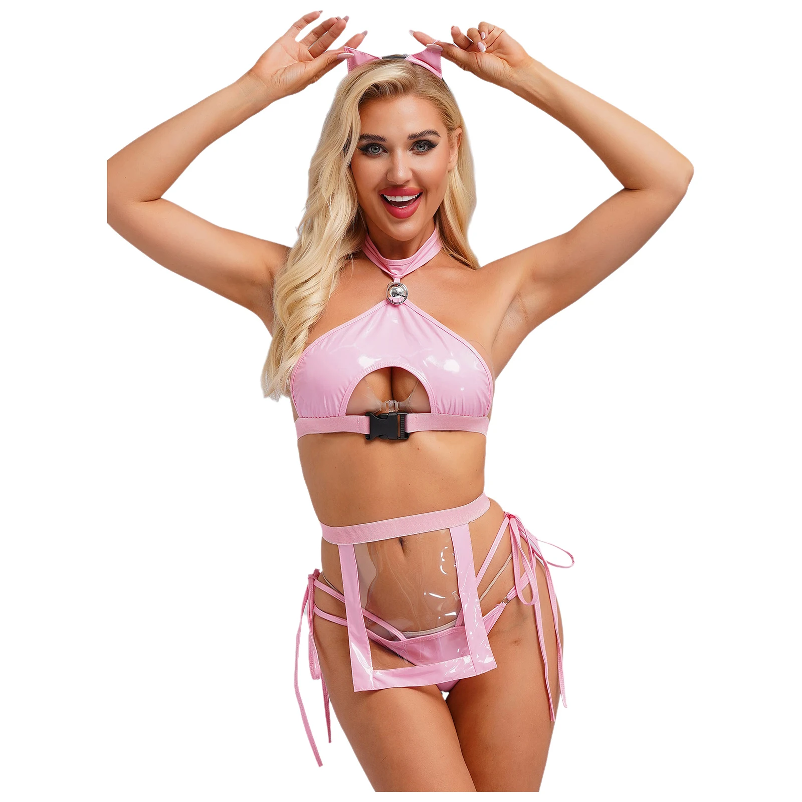 

Женский сексуальный костюм кролика и кошки, комплект нижнего белья из лакированной кожи, укороченный топ с лямкой на шее, трусы на шнуровке и фартук, ночная рубашка для ролевых игр, клубная одежда