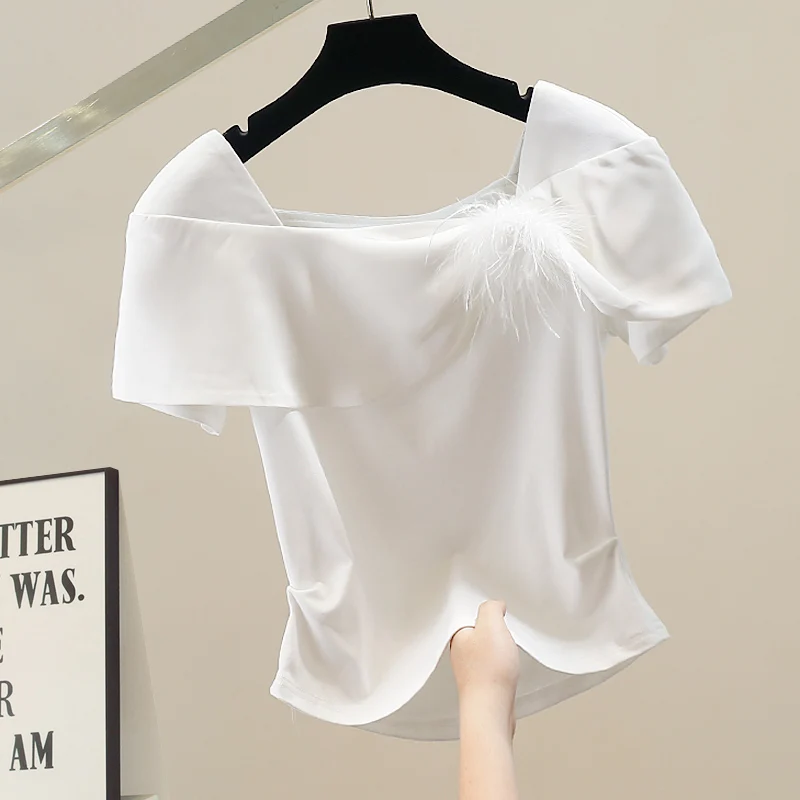 

Faionable Gentle Heavy Work Sle 3D Flower One oulder ort Sve Women's irt Slim Fit Versatile Mid-Length Top