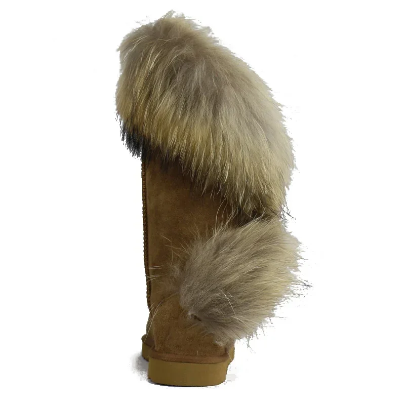 New Fashion Natural Fox Fur Snow Boots Women Warm Non-slip Winter Long Boots Genuine Cow Leather Winter Boots High Shoes