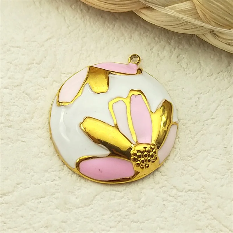 Sweet Pink Flower Pendant Girl Stainless Steel Enamel Charms Metal Earrings Bracelet Pendant Jewelry DIY Accessories ZZZ750-3