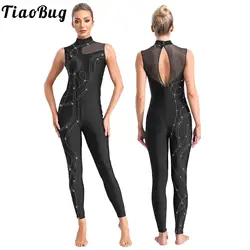 Womens Acrobatic Gymnastics Jumpsuit Rhinestones Sleeveless Full Body Leotard Dancewear Sheer Mesh Figure Skating Bodysuit
