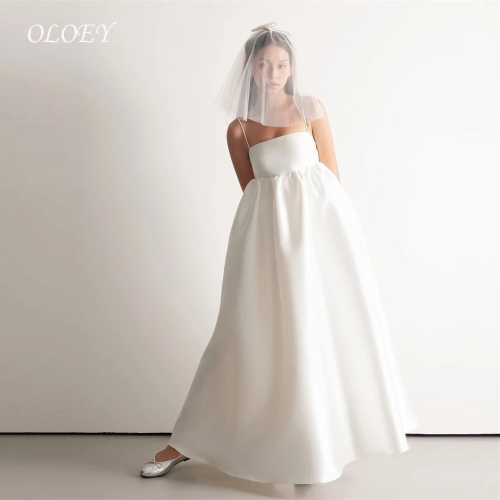

OLOEY Spaghetti Straps Thick Satin Wedding Party Dresses Korea Japan Women Pregnant Bride Gowns Formal Party Customized Veil
