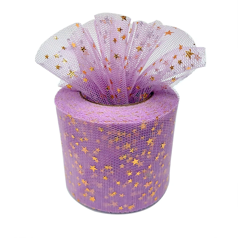 Rollo de tul con estampado en caliente de estrellas plateadas, accesorios para el cabello para niños, decoración de regalo de boda, tamaño 6cm x 25