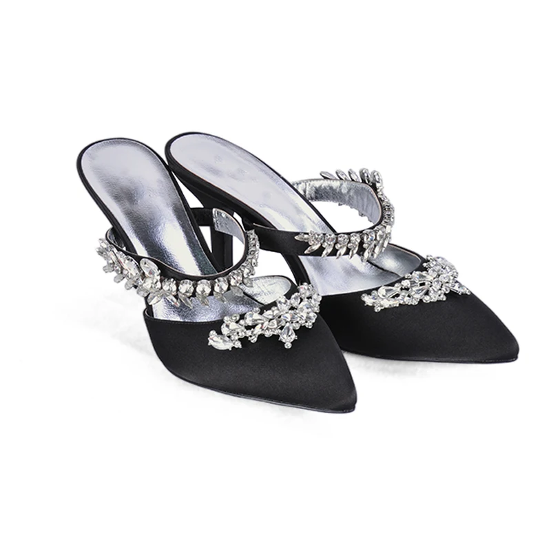 

Satin Rhinestones Wedding Bridal Shoes Pointed Toe Evening Patry Pumps Casual Working Slingbacks Hight Heels for Prom