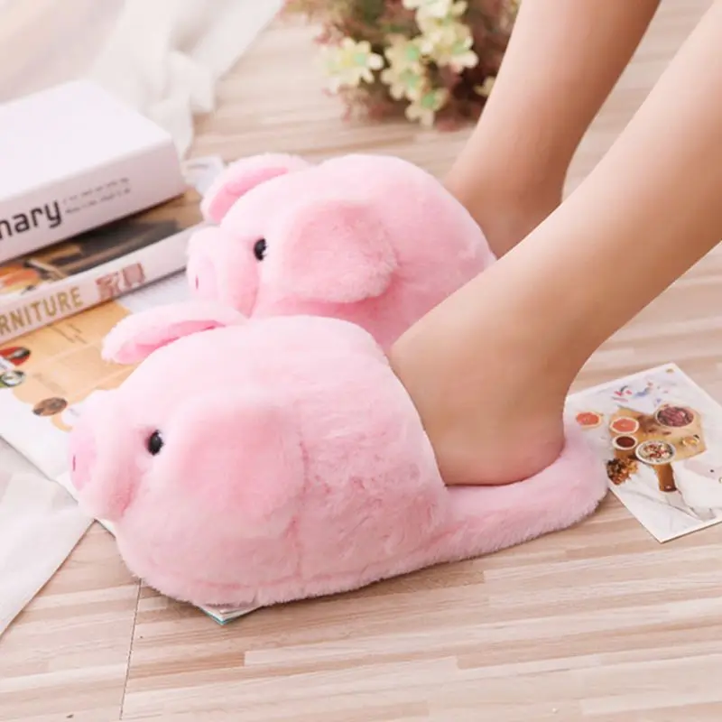 Vrouwen Winter Leuke Roze Varken Dier Cartoon Pluche Slippers Antislip Harige Schoenen LX9F