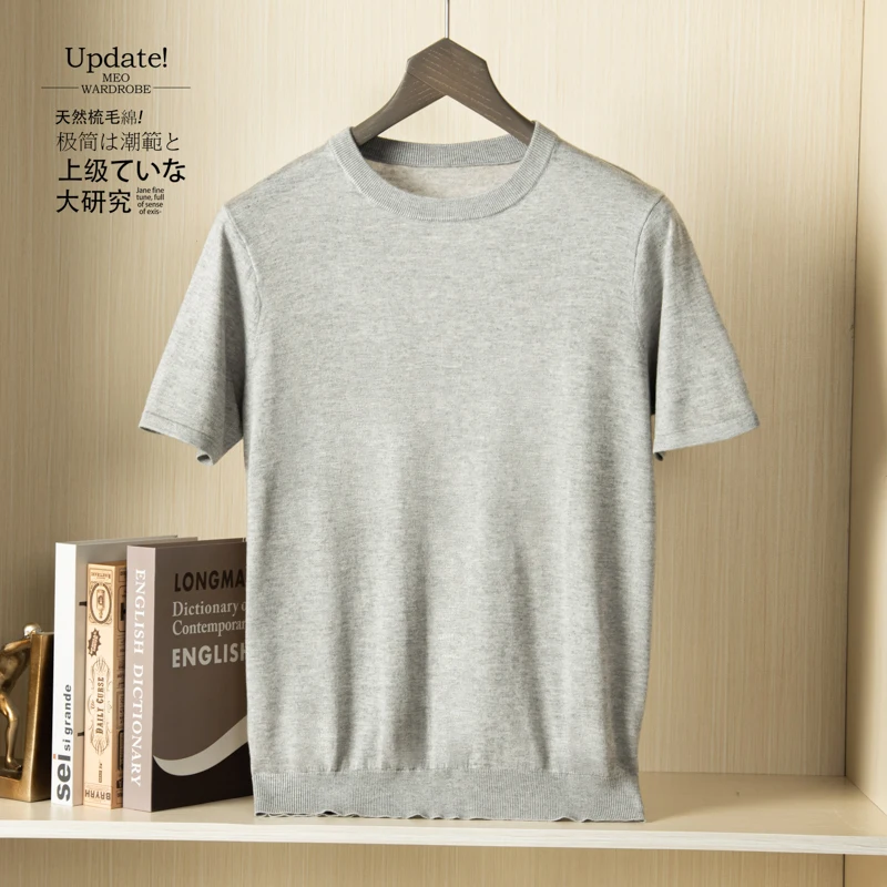 15% Cashmere and 85% Silk Men\'s O-Neck Pullover Short Sleeve Spring and Summer Thin Vest Korean Fashion Cashmere T-Shirt Tees