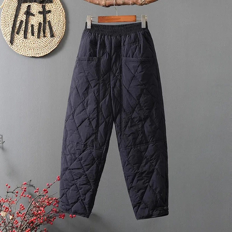 Autumn Winter Warm Trousers Women Casual Loose Elastic Waist Pants Outerwear Warm Thermal Quilted Cotton Trousers