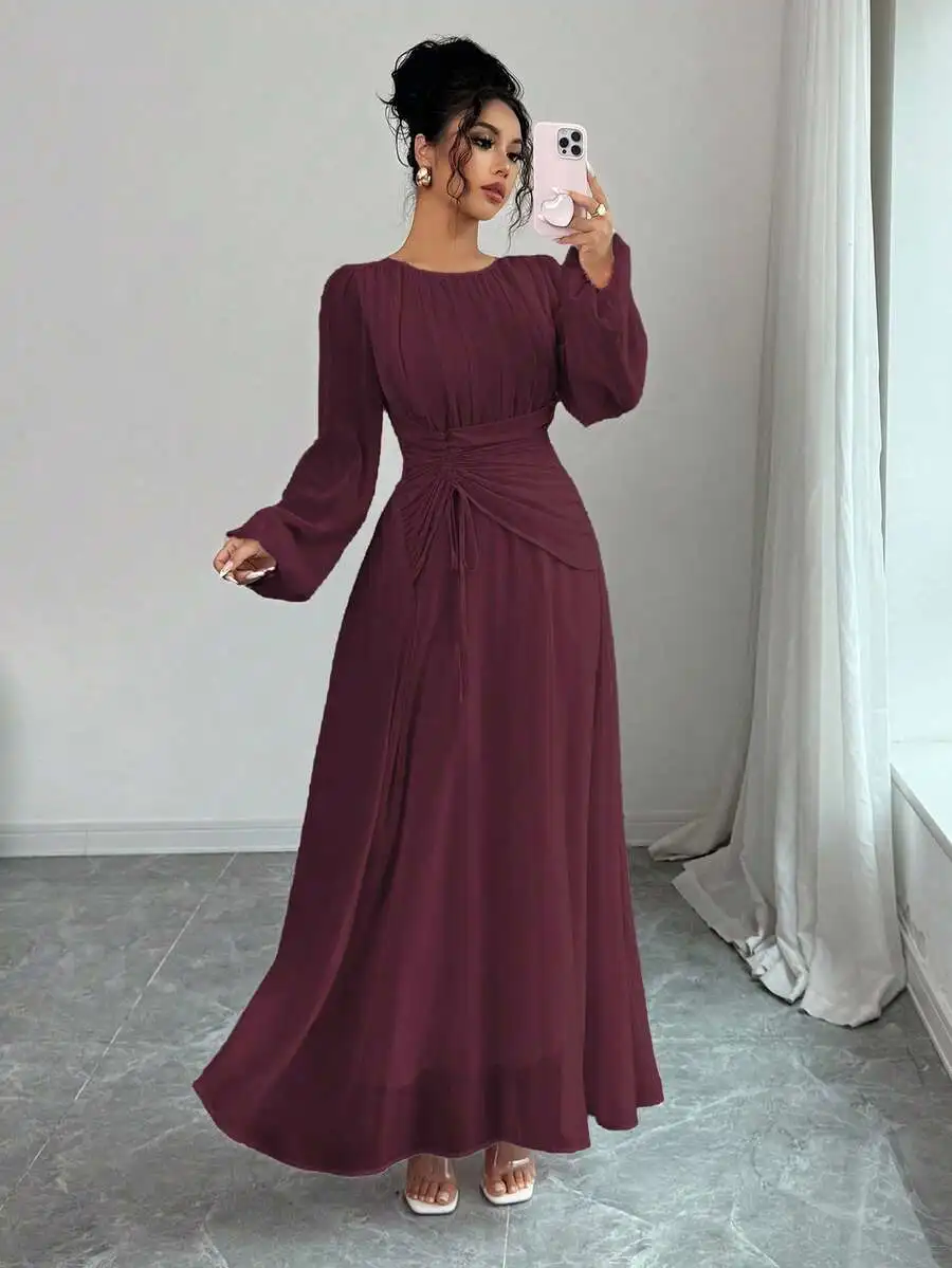 Elenzga Women Summer Burgundy Elegant Autumn Maxi Dress,Modest French Sicily Round Neck Ruched Waist Drawstring A-Line Long