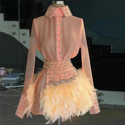 Pink Cocktail Dresses A-line Long Sleeves Short Mini Tulle Feather Beaded Homecoming Dresses Haute Couture Customized