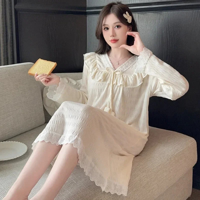 5XL Plus Size Women\'s Sleepwear Spring Princess Home Dress Lace Cotton Cream-colored Pajamas Sleepshirts Loose Nightgown Nightie