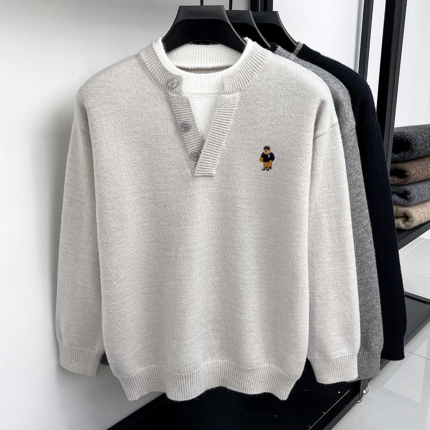 Hochwertige Marke Splice Rundhalstop Oberteile Männer Komfort Stricken Mode Bären Stickerei Herbst Winter Neuauflage Freizeitsweater – Detail 8
