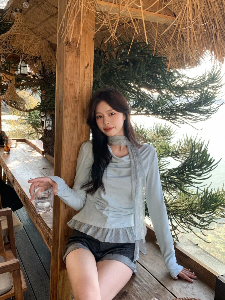 

2025 Autumn Long Sleeve T-shirt Women Irregular Swinging Collar Patchwork Plaid Ruffled Folds Slim Tops Sweet Y2k Tees