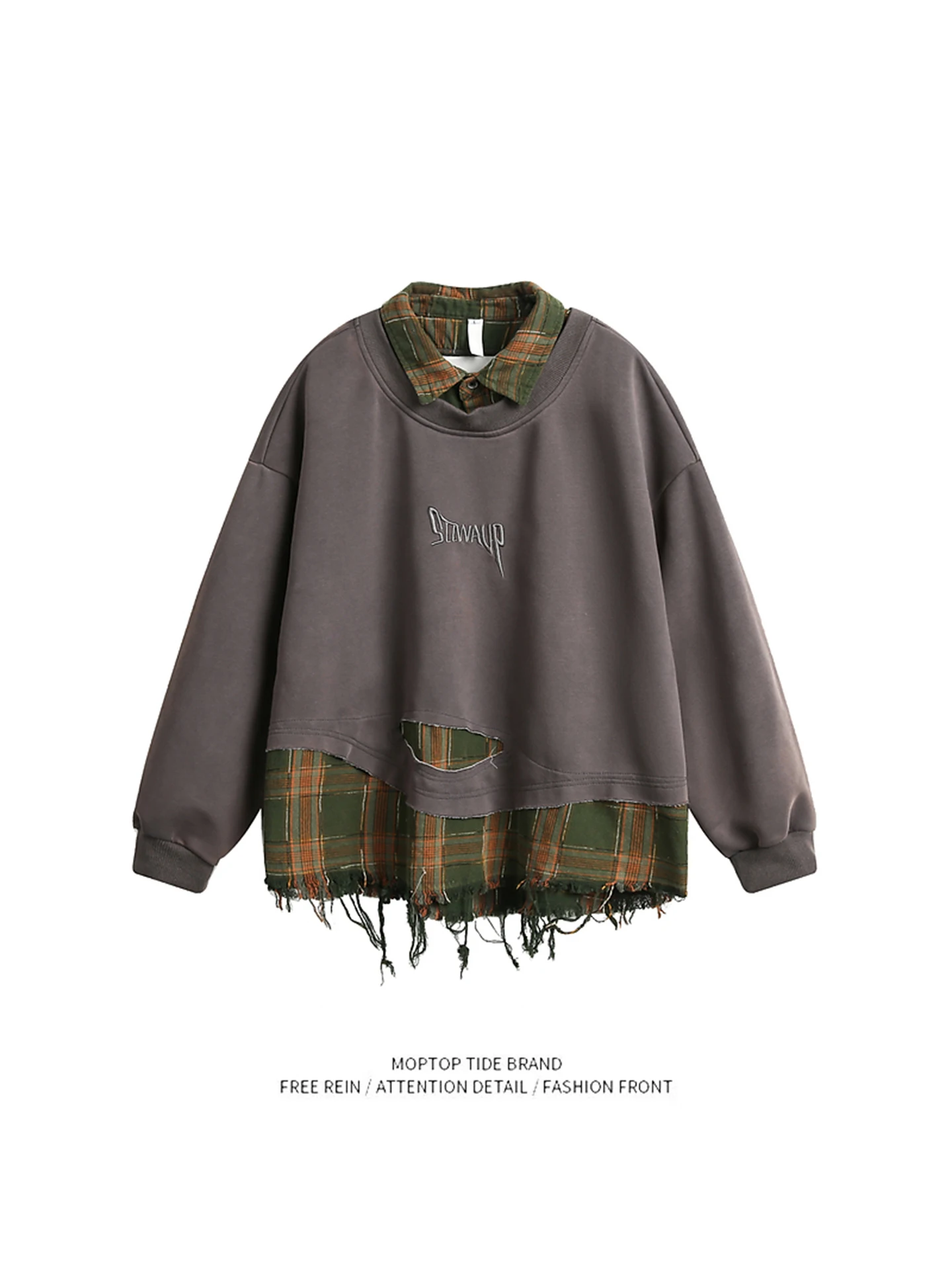 American Retro Plaid Splicing Destroyed Collar Sweatshirt Loose Trendy Unisex Autumn Fashionable Top Youth Polyester Fiber