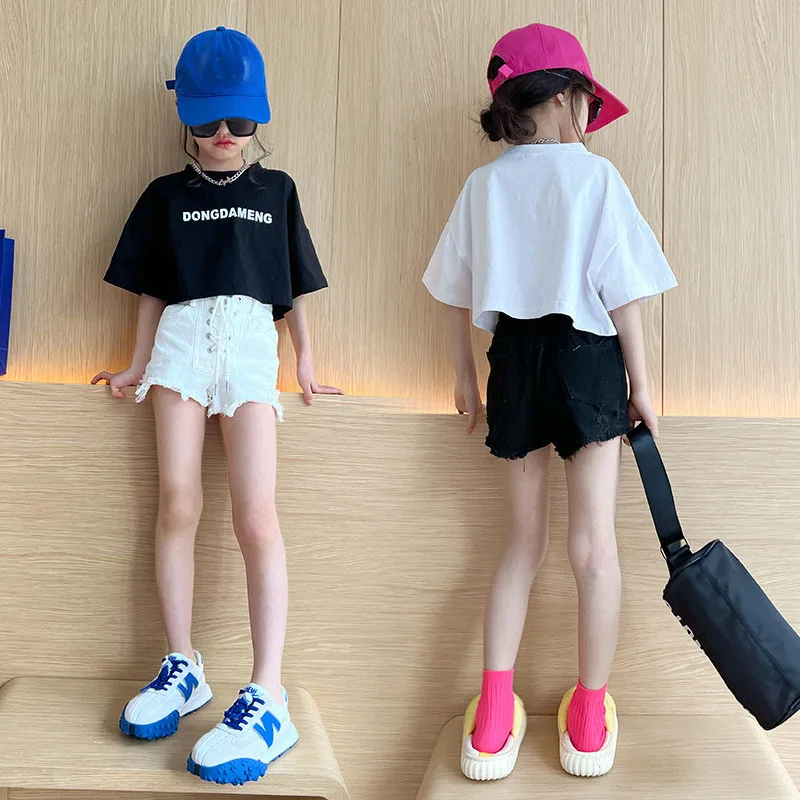 

Girls' clothes Short Sleeve Set Summer Fashion Thin Drawstring Denim Shorts T-shirt Girls' Two Piece Set Children's clothing