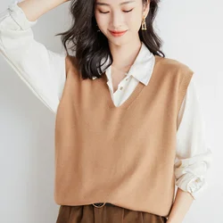 2026 Sweater Vest Spring Autumn Warm Fashin Korean Soft Loose Knit Vest V-neck Knitwear Solid Pullovers Short Style Sweater Vest