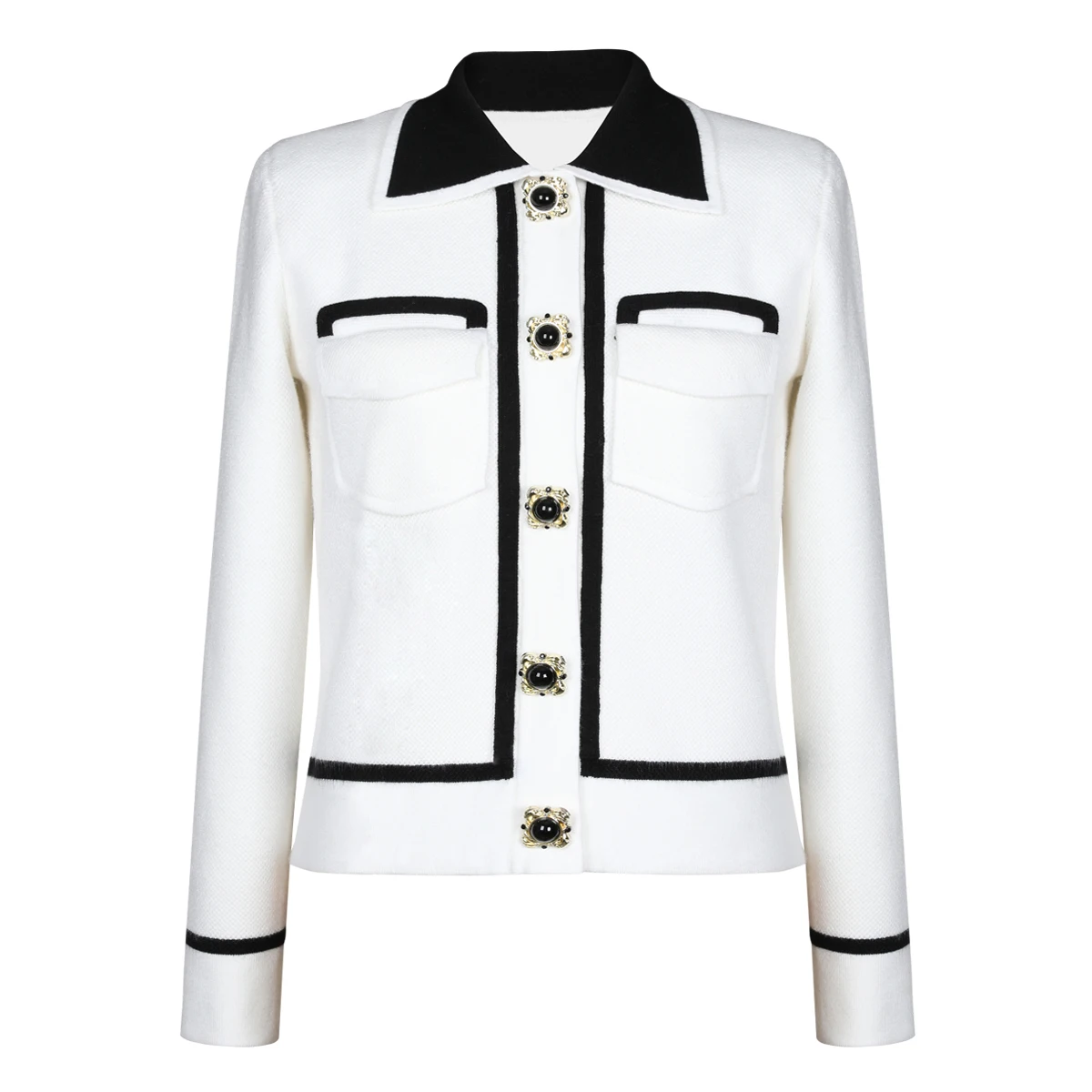 

Spring And Autumn New Women Black And White Splicing Classic Small Fragrant Style Flip Collar Long Sleeve Knitted Cardigan Coat