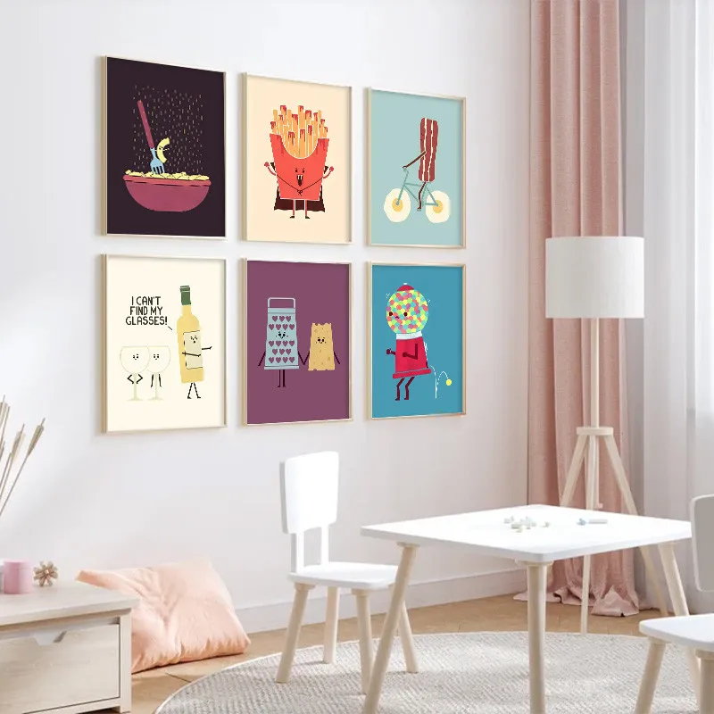 Colourful Creative Cartoon Canvas Painting Funny Cute Food Wall Art Suitable for Gift Bedroom Cafe Frameless Decorative Poster