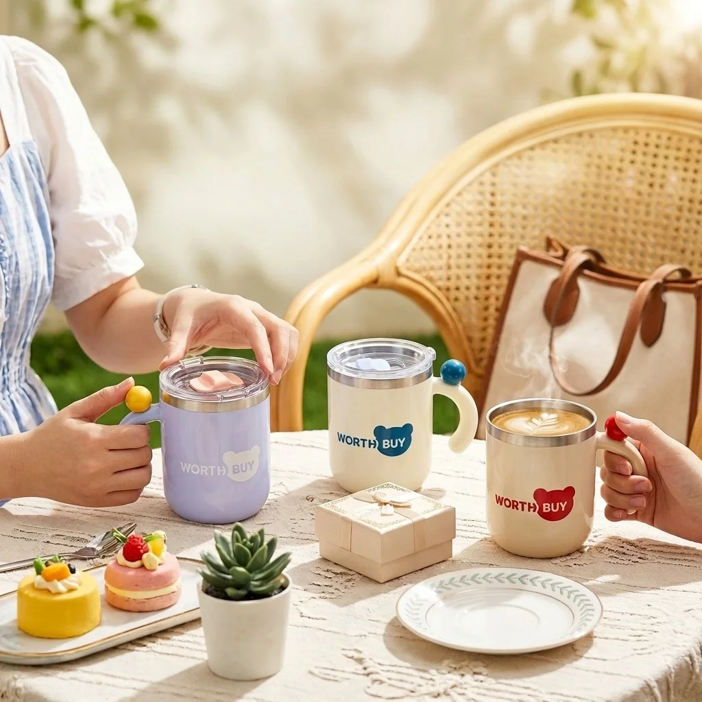 430ml Kawaii Thermal Mug 316 Stainless Steel Coffee Tumbler with Handle Lid Insulated Travel Tea Cup Leakproof Cute Drinkware