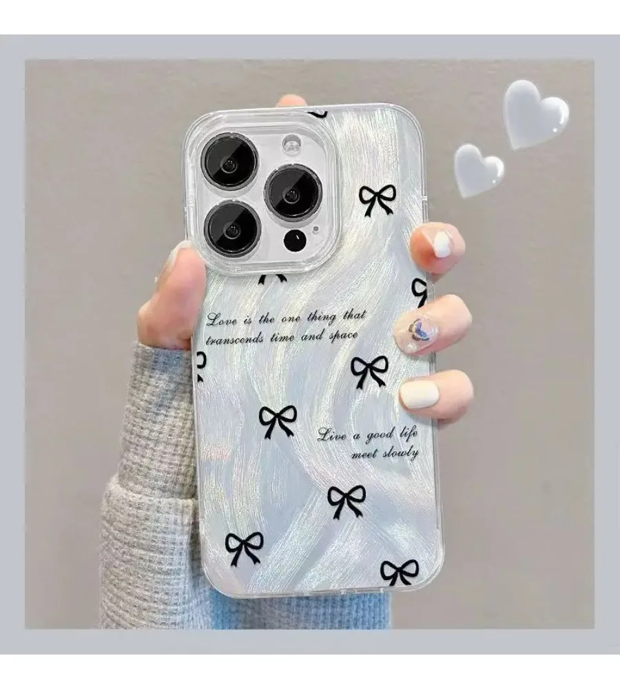 Black Bow English Quote Phone Case For iPhone 12 13 14 15 16 17 Metal Kickstand Minimalist Ins Style Clear Shockproof Cover
