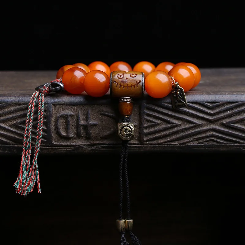 Natural Golden Mountain Bracelet With Single-Loop Buddhist Beads, Ancient Bone, And Copper Vajra Scepter Accessories
