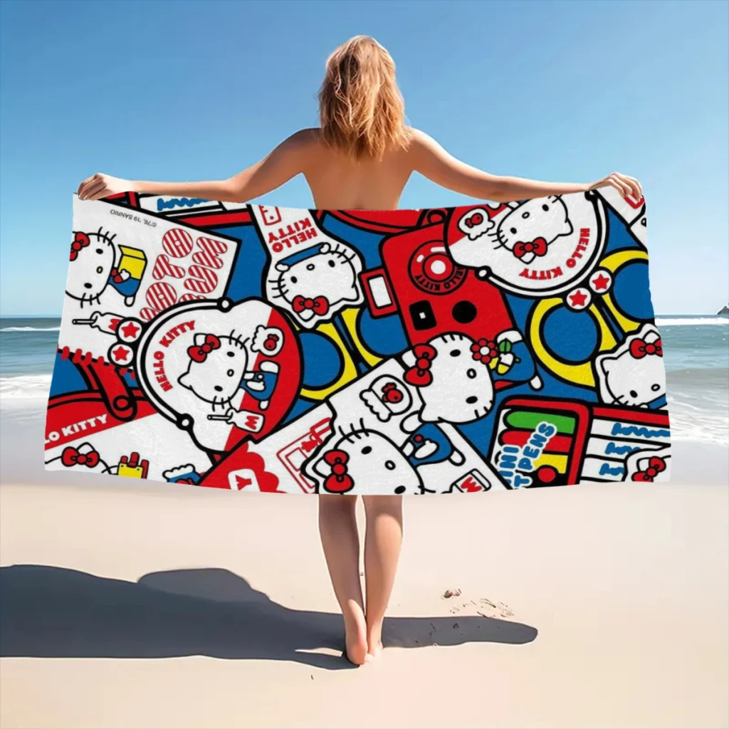 Cute Anime Sanrio Hello Kitty Kawaii Beach Towel  Poncho Bathing Towels Cover-ups Quick Dry Sand Free Yoga Spa Gym Pool