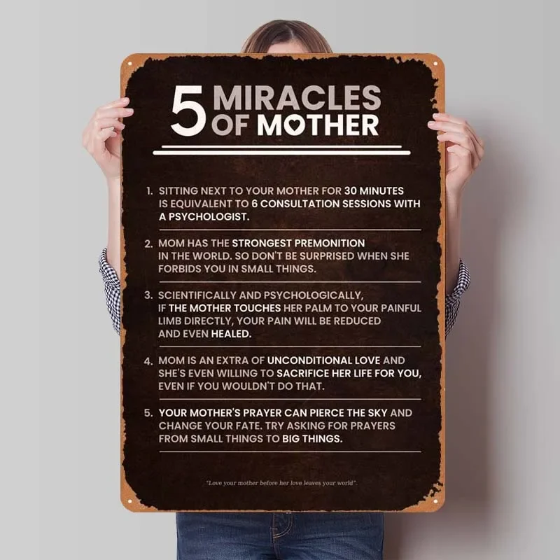 5 Miracles of Mother Sign Man Cave Room Decor Metal Wall Art Mural Vintage Metal Tin Sign Plaques for Garage Gym Wall Decoration