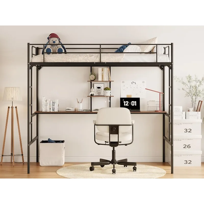 Cama alta de tamanho duplo com mesa, estrutura de cama loft de metal multifuncional, economia de espaço, cama de casal para crianças, beliche