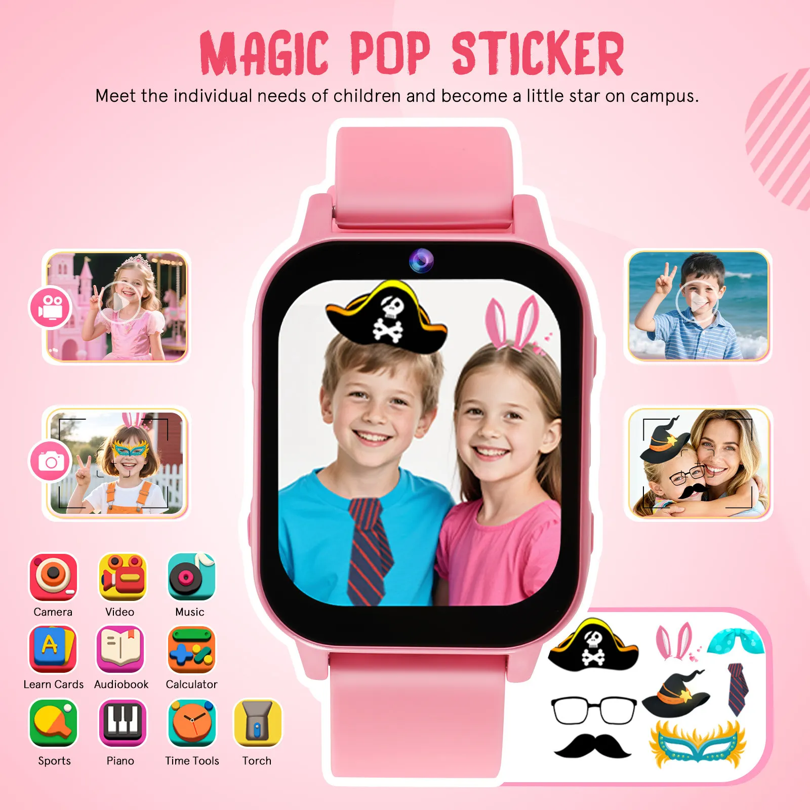 Kids Smart Watch with Games Digital Lightweight Comfortable for Sports Stopwatch Calculator Pink