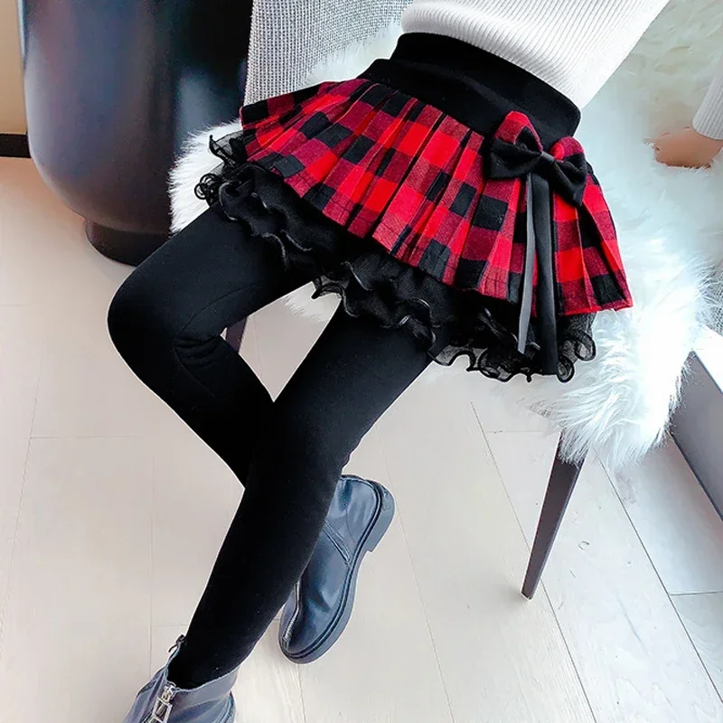 

Kids Winter Leggings With Skirt Girls Plaid Skinny Pantskirt Girl Trousers Culotte Thicken Warm Girls Leggings Children Clothing