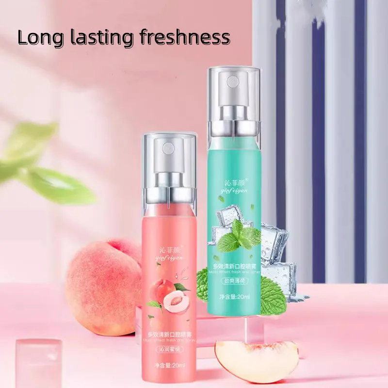 QFY 20ml Fruity Oral Spray Remove Bad Breath Long-lasting Fresh Mouth Spray Mint Peach Breath Freshener Refreshing Oral Care