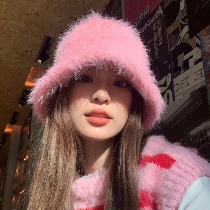 New Fluffy Faux Mink Fur Bucket  Hat Women Korean Ins Blogger Plush Bucket Hat Autumn Girls Cute Fashion Winter Hat Panama Caps