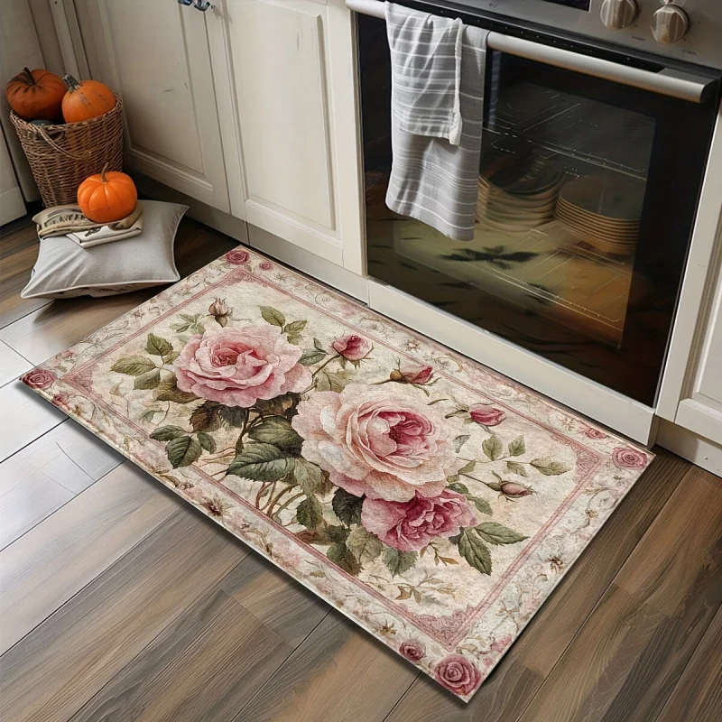 

Vintage Pink Floral Doormat, Absorbent Non-Slip Bathroom Rug, Waterproof Entryway Floor Mat, Retro Home Decor