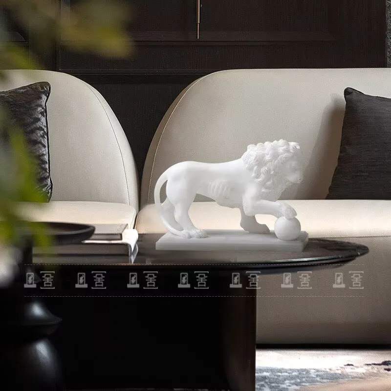Statues sculptures male lions playing balls imitation jade stepping on embroidered balls lion ornaments living room foyer TV cab