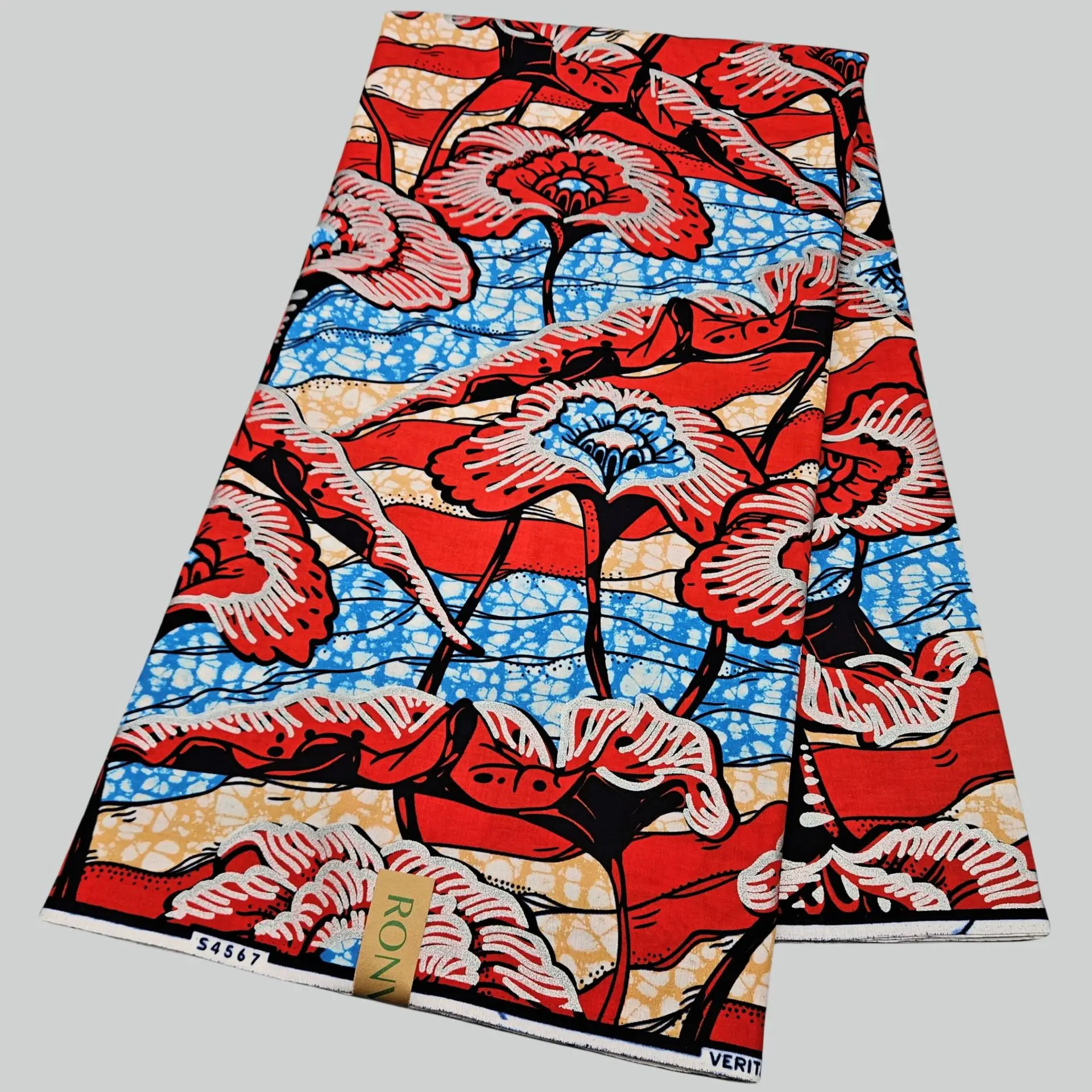 

6Yards Long Red Floral Printed Blue Cotton African Style Wax Fabric for Sewing Dress Sofa Curtain Tablecloth 120CM Wide R2831