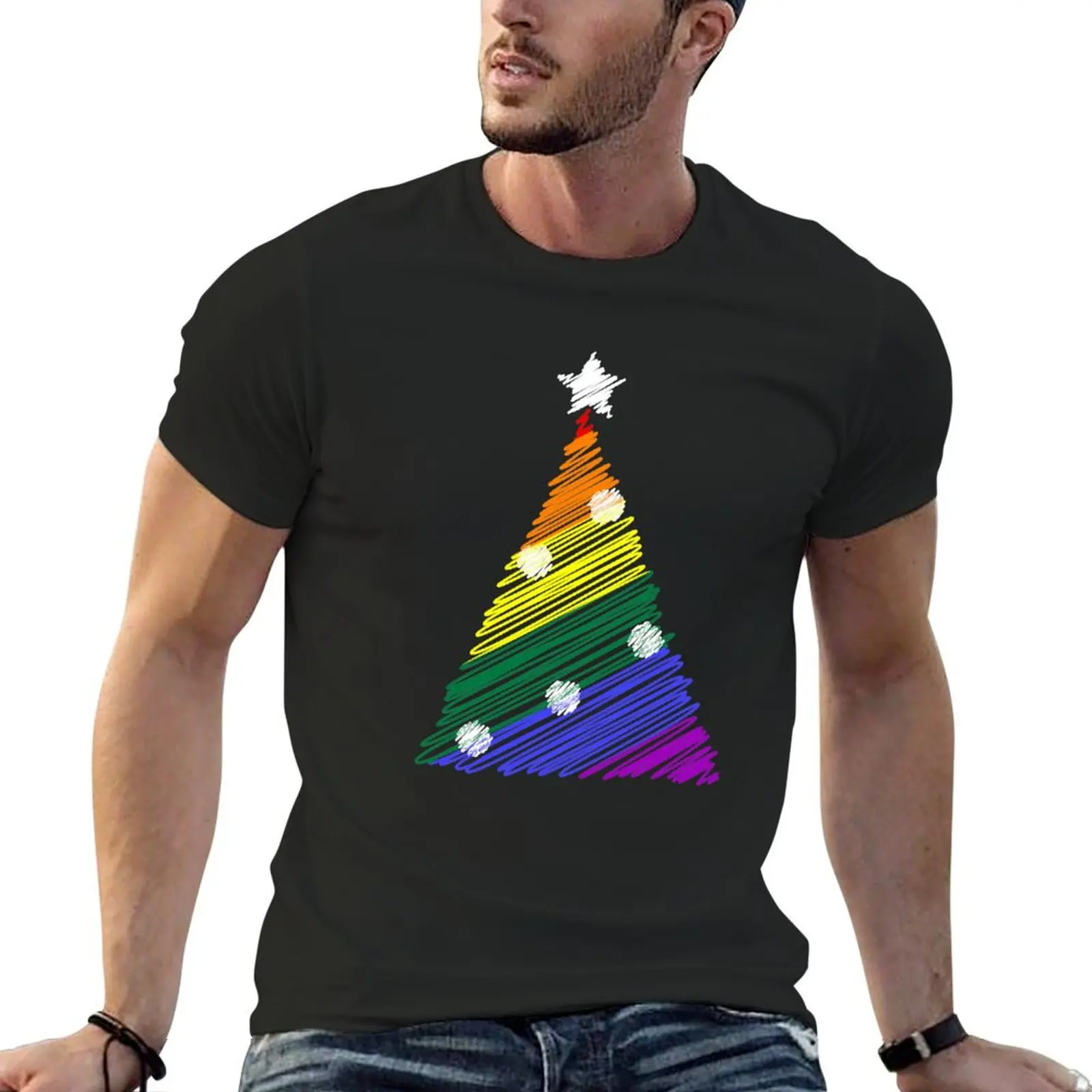 Scribbled LGBT rainbow Christmas tree T-Shirt aesthetic clothes anime stuff plain t shirts men