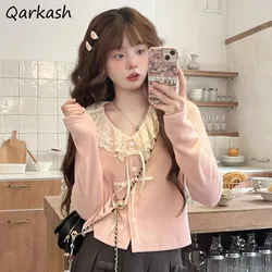 Long Sleeve Knitted Cardigans Women Single Breasted Patchwork Sweet Lace Fall Winter Lovely Casual Tops Bow V-neck All-match Ins