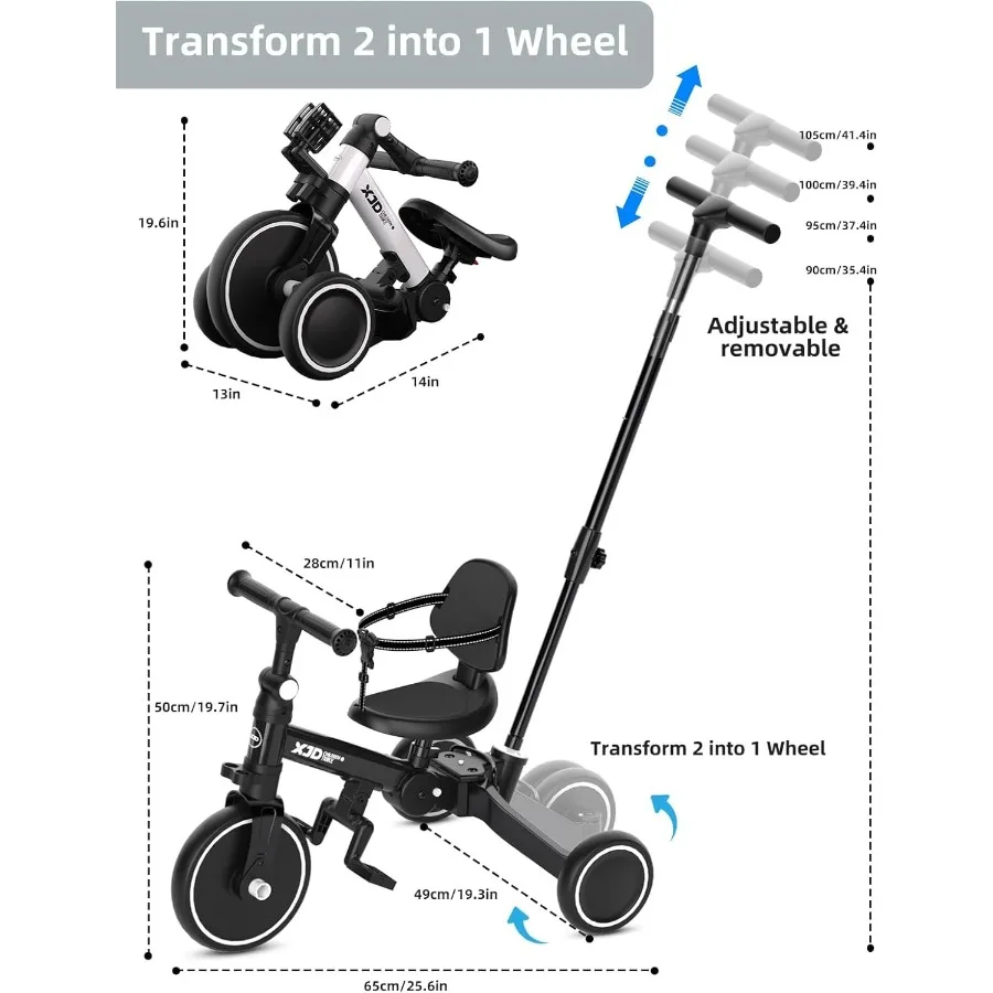 Bicicleta infantil, triciclo dobrável 6 em 1 para crianças de 1 a 4 anos com alça de controle parental, bicicleta de equilíbrio com pedal removível,