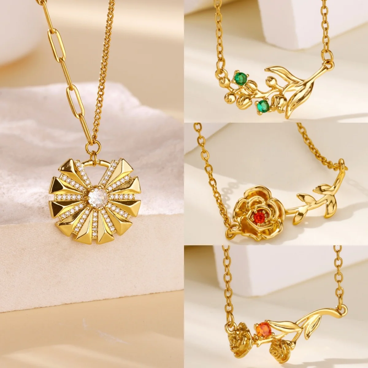

10pcs Elegant Floral Zircon Necklaces for Women 18K Gold-Plated Birthstone Pendants Party Jewelry Gift Wholesale