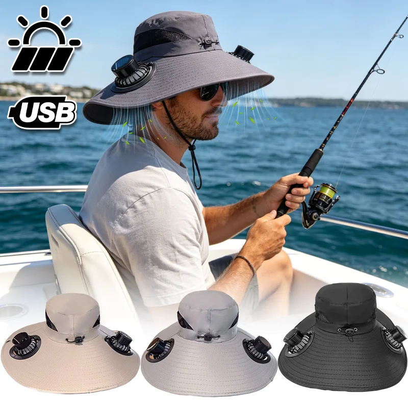 Brim Fishing Hat With Solar Fan USB Charging Fan for Hiking Camping Fishing Adjustable Breathable Cap for Father's Day Gifts